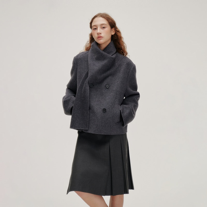 Redolence Short Woolen Coat for Women, Autumn and Winter, High-End Scarf Style, Gray Long Double-Sided Wool Coat