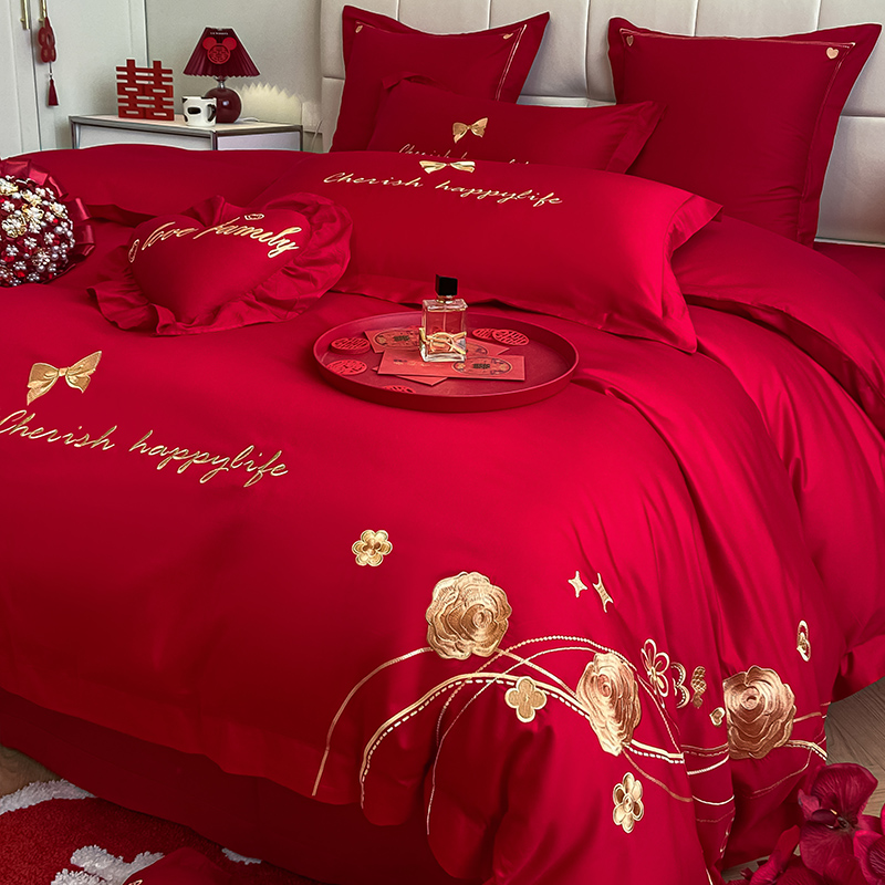 Official Net Wedding Bed Bedding 4 pieces of Wedding Qing Pure Cotton 100 All-cotton Sheets Quilt Cover Big Red Joy Quilt-Taobao