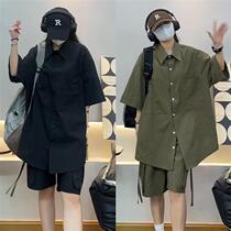 Summer trendy brand bubble plaid lapel shirt short-sleeved mens and womens handsome high-end loose quick-drying breathable casual suit