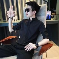 Mens trendy short-sleeved shirt casual handsome five-point sleeve inch shirt 2024 new summer ice silk solid color shirt thin