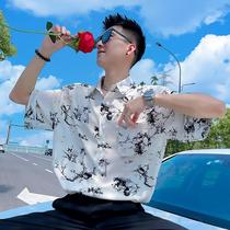 Piushuai flower shirt mens short-sleeved summer ice silk national style mens wear 2024 new high-end three-quarter sleeve shirt