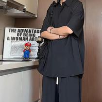 Black ice silk short-sleeved shirt for men in summer thin high-end handsome casual pants with a handsome set