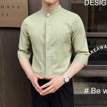 Handsome stand-up collar striped shirt mens short-sleeved summer new high-end fashion trend slim and handsome three-point shirt