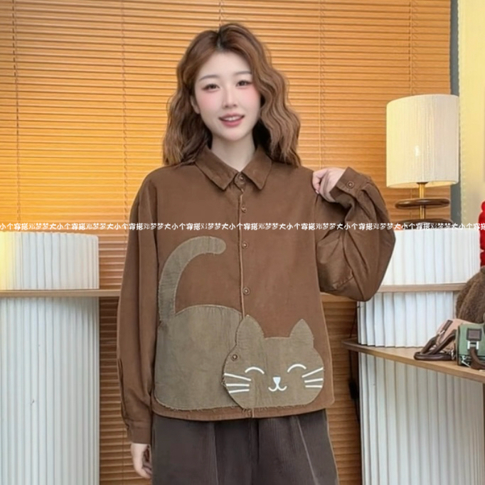 Mengmeng "Cat to Success" Original Thick Cat Embroidery Color-Blocking Design Loose Shirt Women's Long-Sleeve Shirt