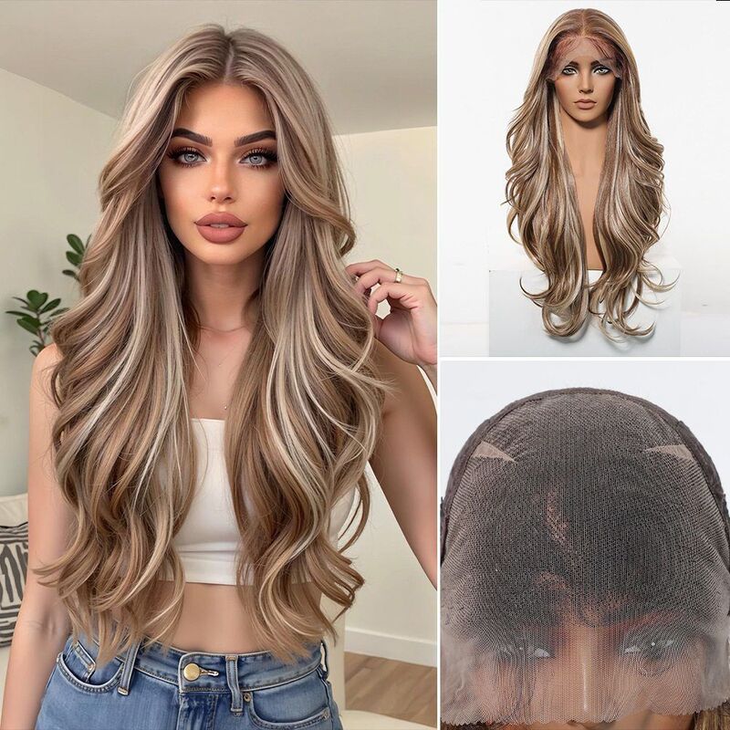 Lace Wig 13*6 Large Area Middle Part Mixed Golden Long Curly Hair Internet Celebrity Black Hair Japanese Silk Full Head Wig Topshe Lace Wig 13*6 Large Area Middle Part Mixed Golden Long Curly Hair Internet Celebrity Black Hair Japanese Silk Full Head Wig Topshe