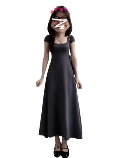 2025 New Solid Color Short-Sleeved Square-Neck Dress for Women, Autumn Korean Style Simple Casual Waist-Cinching A-Line Long Dress