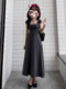 2025 New Solid Color Short-Sleeved Square-Neck Dress for Women, Autumn Korean Style Simple Casual Waist-Cinching A-Line Long Dress