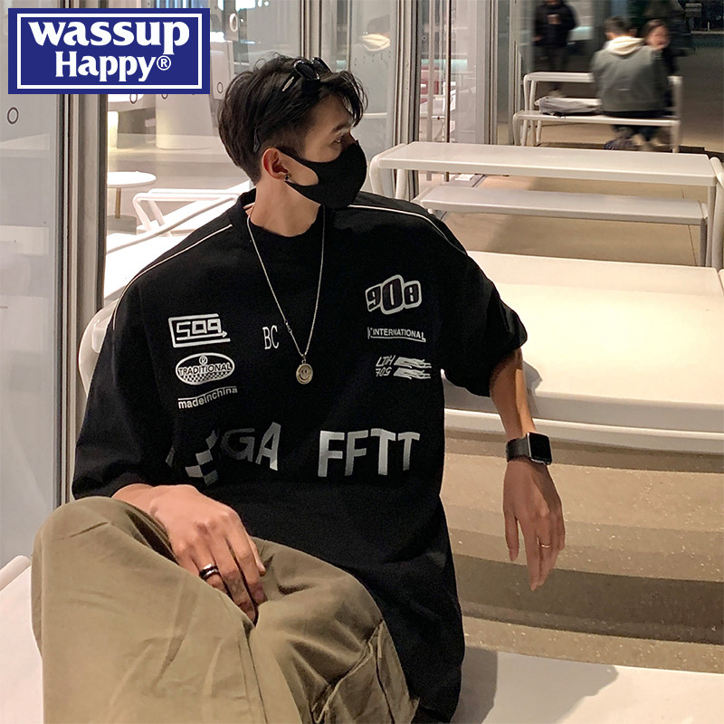 wassup happy, тяжелая футболка с короткими рукавами, мужская летняя новинка 2025 года, американский модный брендовый мотоциклетный костюм свободного кроя с короткими рукавами Изображение 1