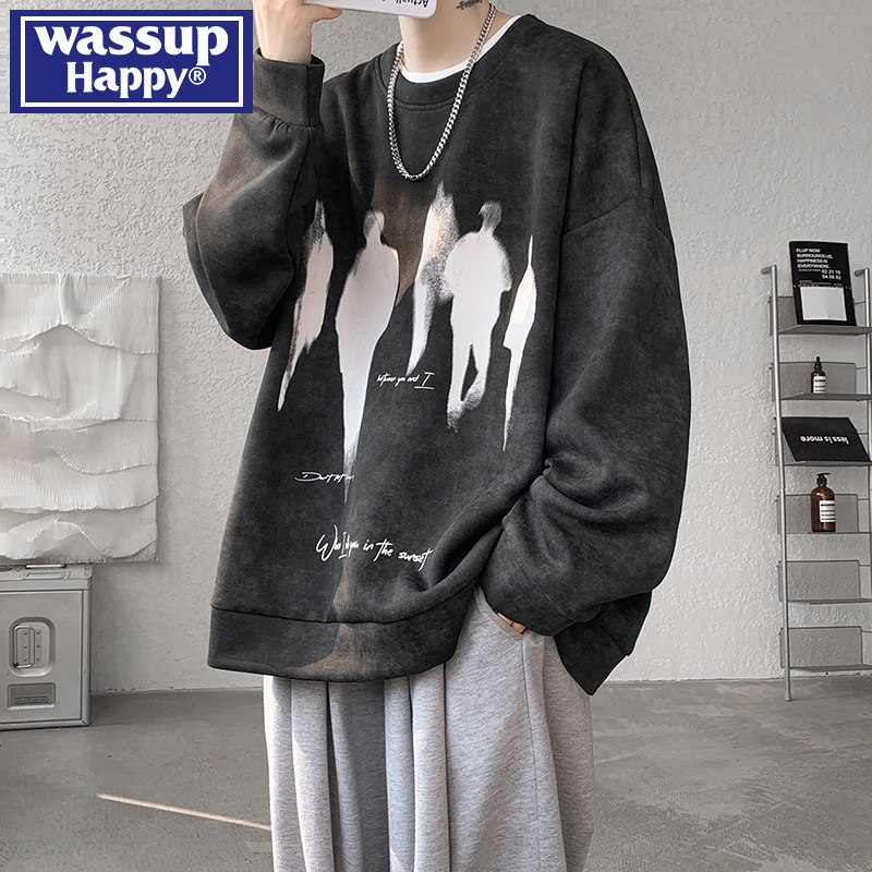 wassup happy美式扎染卫衣男春秋季潮牌圆领大码痞帅宽松休闲外套