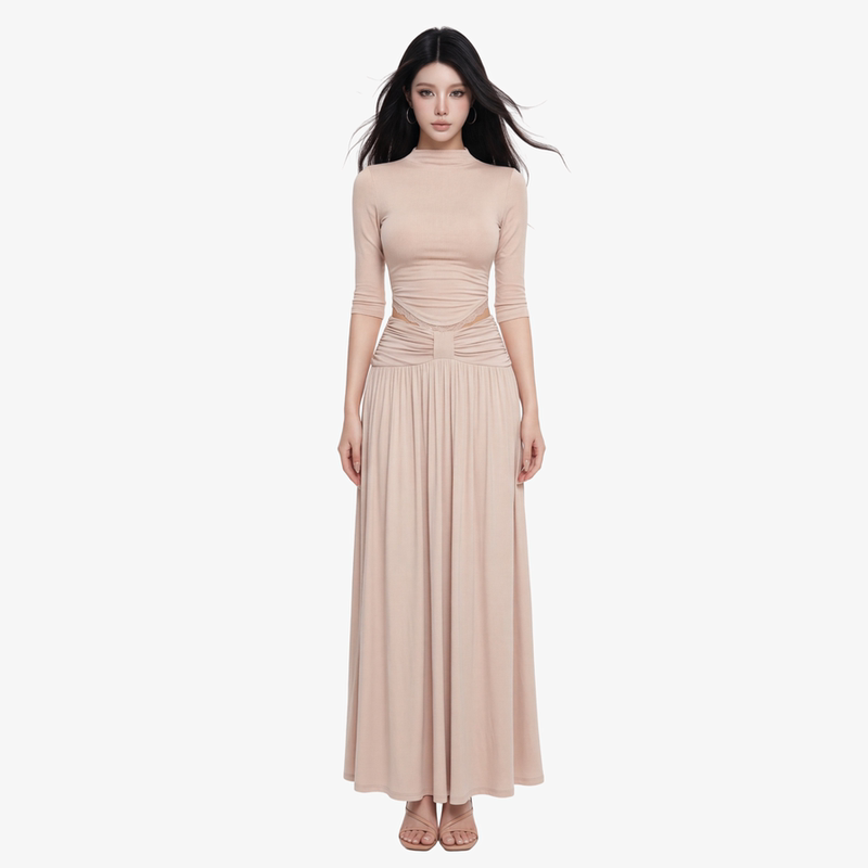 Korean Style Half-High Collar Five-Quarter Sleeve Top and High-Waisted Skirt Women's Autumn New Fashion Versatile Two-Piece Set Korean Style Half-High Collar Five-Quarter Sleeve Top and High-Waisted Skirt Women's Autumn New Fashion Versatile Two-Piece Set