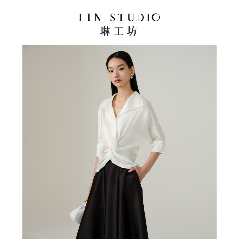 [Designer Tang Lin] Lin Workshop Fine Wave White French Cross-Fold Shirt Women's Acetate Three-Quarter Sleeve Blouse