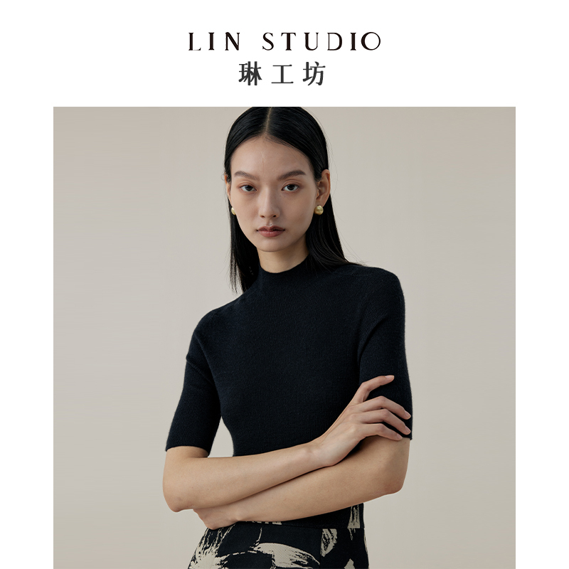 [Designer Tang Lin] Lin Workshop Jiangwan Black Fine Wool 100% Cashmere Sweater Women's Knitwear Short Sleeve Spring Wear