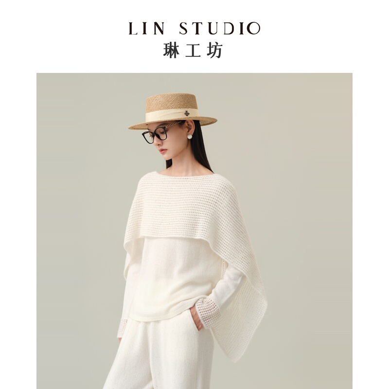 [Tang Lin Designer Artistic Cashmere] Lin Workshop Li Nian White Knit Sweater for Women, Elegant and Versatile, Solid Color for Autumn