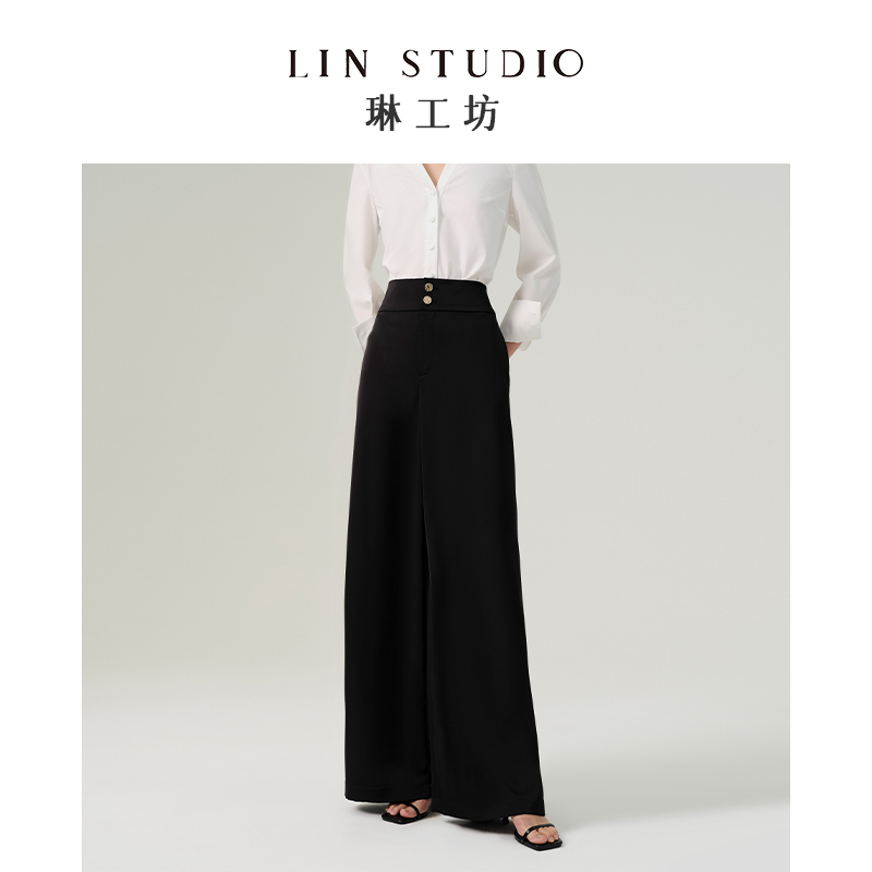 [Designer Tang Lin] Lin's Workshop Shanmei Black Wide-Leg Pants for Women, New Commuter Style, Loose and Cool Straight-Leg Trousers