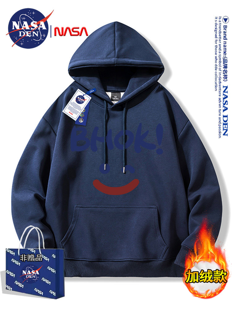 Nasa Co-Branded Hong Kong Style Heavyweight Fleece-Lined Long-Sleeve Sweatshirt for Men and Women, Fashionable Casual Loose-Fitting Versatile Hooded Couple Shirt