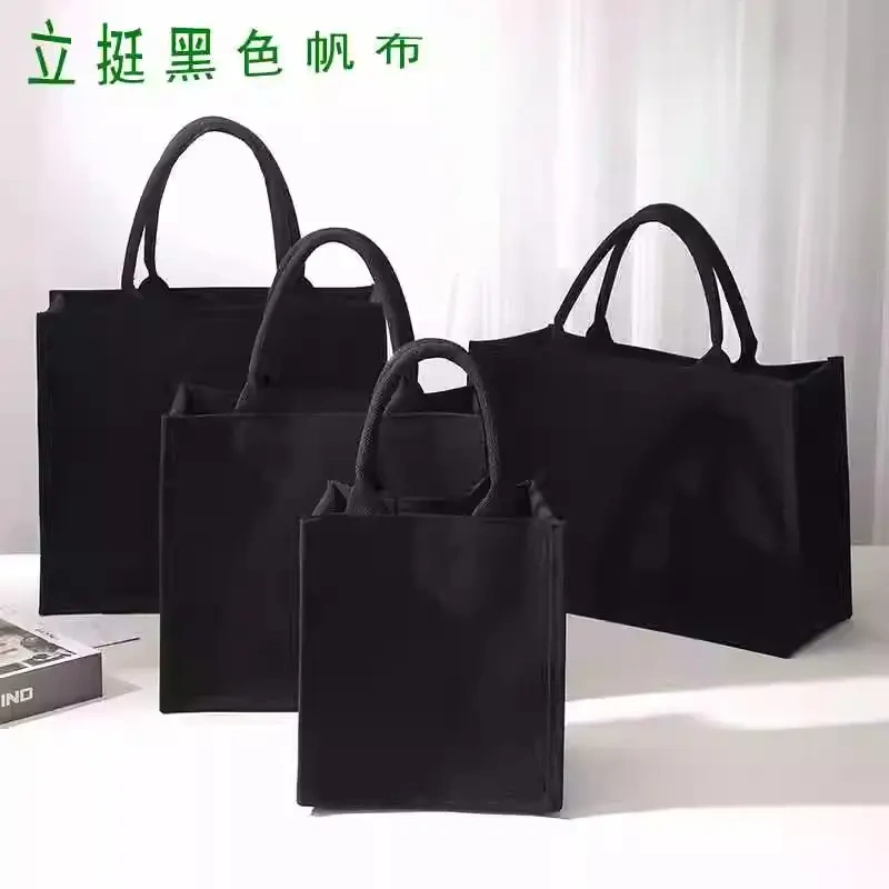 New Black Canvas Tote Bag, Handbag, Book Bag, Three-Dimensional Cosmetic Bag, Supermarket Shopping Bag, Fabric Bag with Print