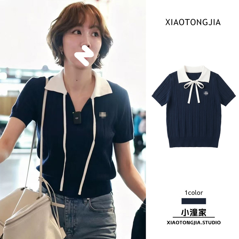 Jiang Yan's Same Style Navy Blue Polo Collar Short-Sleeved Knit Top for Women, Summer Tie Bow Slim Fit Short Top Jiang Yan's Same Style Navy Blue Polo Collar Short-Sleeved Knit Top for Women, Summer Tie Bow Slim Fit Short Top
