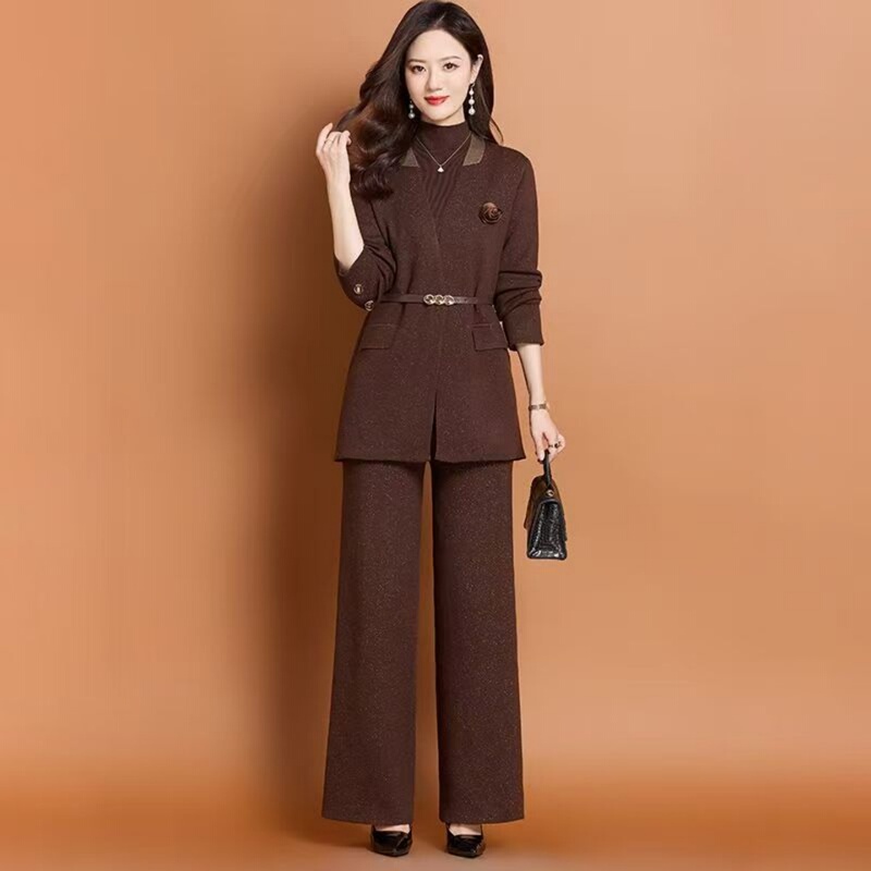 Hueq Light Luxury Fashion Spring and Autumn Suit with Wide-Leg Pants Two-Piece Set, Stylish and Professional Workwear, Elegant Coat and Knit Set