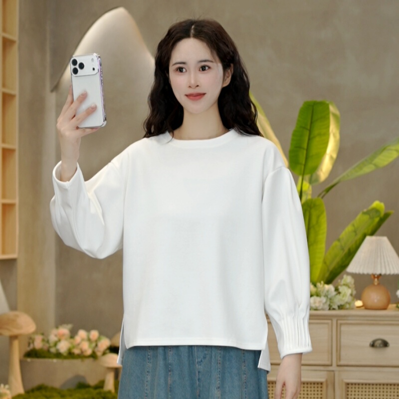 6773 Autumn New Style Round Neck Long Sleeve Pleated Solid Color Sweatshirt for Women Casual Fashion Versatile Loose Top for Women