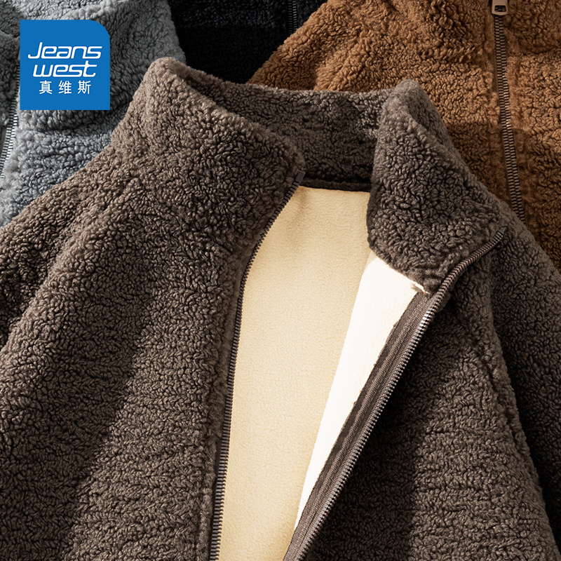 Jeanswest Fleece Jacket for Men, Winter Double-Sided Fleece Thickened Stand-Up Collar Jacket, Men's Lamb Fleece Autumn and Winter Cotton Coat F