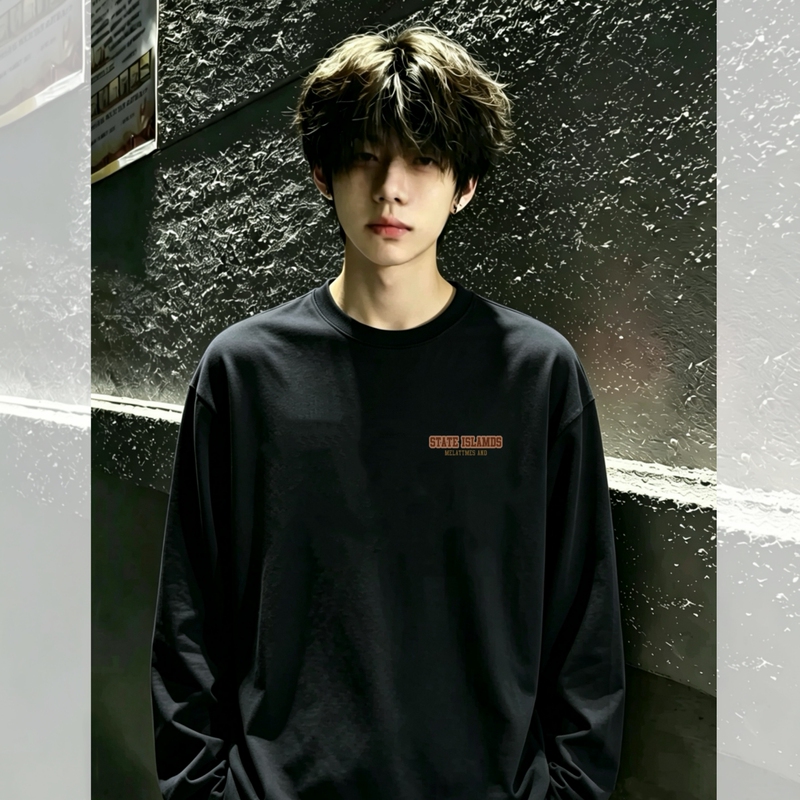 American-Style Heavyweight Pure Cotton Long-Sleeve T-Shirt for Men, Spring and Autumn, Loose Fit, Trendy Brand, Black Base Shirt, High-End Feel, Student Top