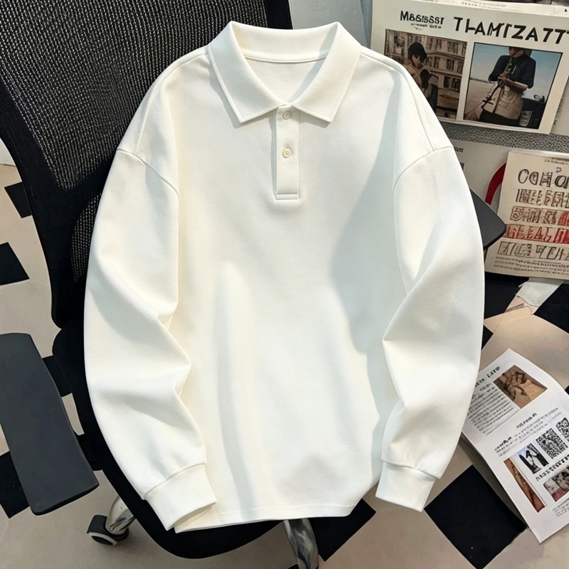 American Style Trendy White Long-Sleeve Polo Shirt for Men, Spring and Autumn Heavyweight T-Shirt, Loose Casual High-End Top for Teenagers American Style Trendy White Long-Sleeve Polo Shirt for Men, Spring and Autumn Heavyweight T-Shirt, Loose Casual High-End Top for Teenagers