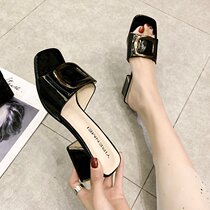 High-heeled slippers for womens summer outer wear 2024 new metal buckle Korean style temperament slippers fashionable and comfortable thick heel slip-on slippers