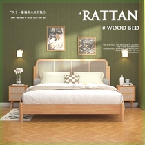 Rattan solid wood bed 1 5 meters household Nordic retro log Japanese style B&B rattan bed modern simple 1 8 1 2 meters
