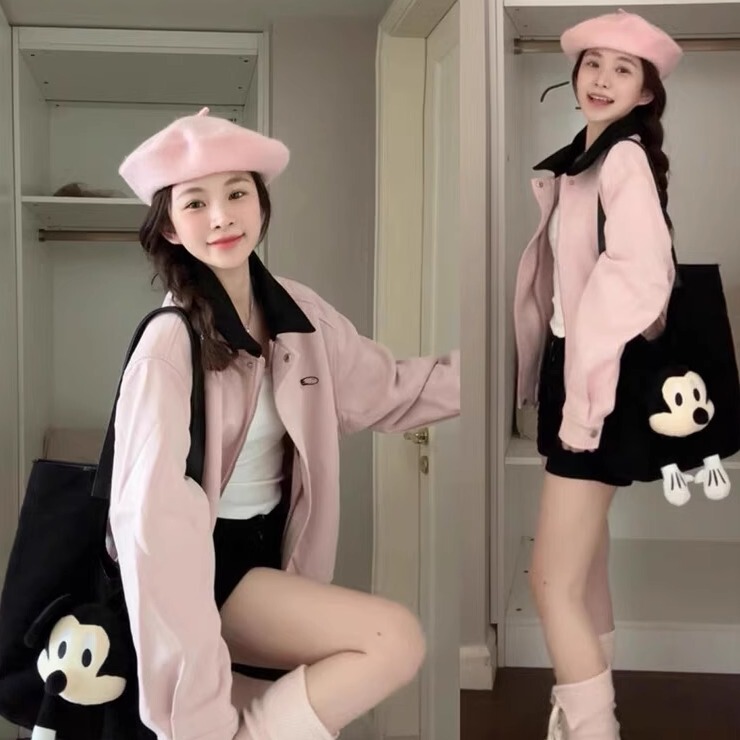 2025 New Pink Lapel Spring and Autumn Jacket for Women, High-End Loose-Fitting Chanel-Style Thin Unique Casual Baseball Jacket