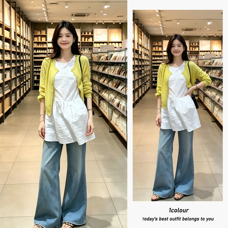 Outfit for Plus-Size Women: Stylish Yellow Long-Sleeve Knit Cardigan, Slimming Tank Dress, and Flared Jeans Set