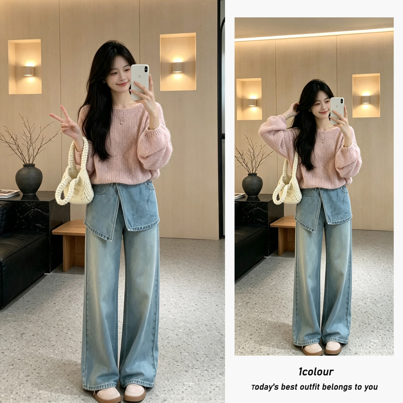 Unique and Stunning Pink Loose-Fitting Long-Sleeve Knit Top with a Vintage Style and a Two-Piece Set of Jeans with a Flared Hem Unique and Stunning Pink Loose-Fitting Long-Sleeve Knit Top with a Vintage Style and a Two-Piece Set of Jeans with a Flared Hem