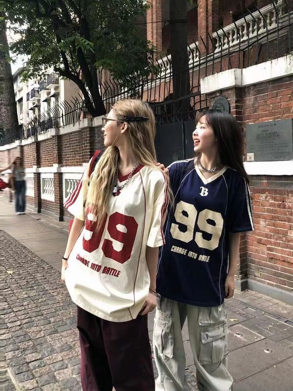 American Casual Short-Sleeved T-Shirt for Women 2024 Summer New Style ins Fashionable and Versatile Printed Contrasting Color Sports Loose Top