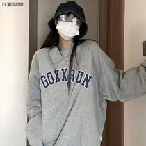 R35#韩版灰色字母印花长袖加绒加厚厚棉T女秋冬情侣款宽松百搭上