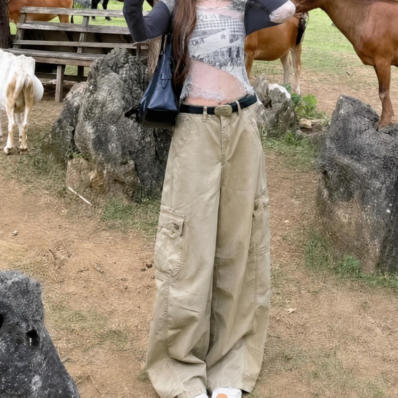 Petite American Retro Khaki Workwear Jeans for Women, High-Waisted, Loose, Slimming, Fashionable, Casual Design, Wide-Leg Pants