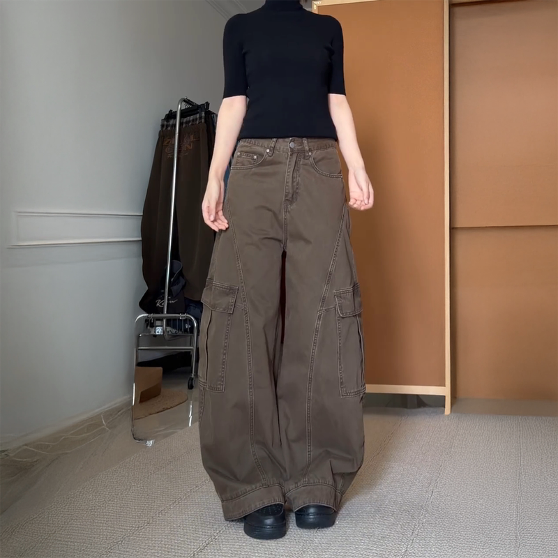 Petite American-Style Spicy Girl Coffee-Colored Deconstructed Scimitar Workwear Jeans for Women, High-Waisted, Loose, Slimming, Wide-Leg, Floor-Length Pants