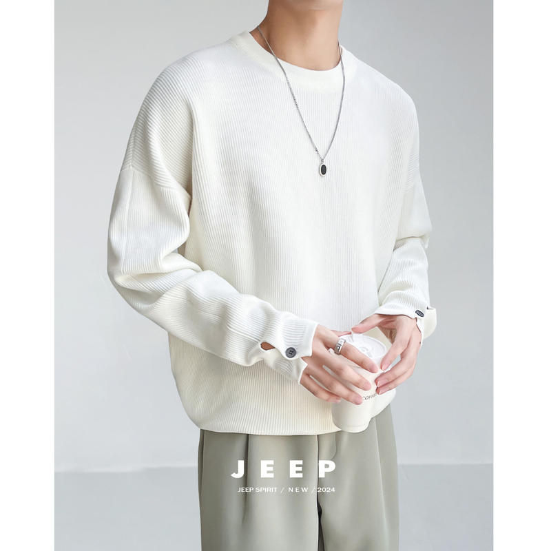 Jeep High-End Textured White Sweater for Men, Winter Korean Style Design with Slit Cuffs and Button-Up Knit Top