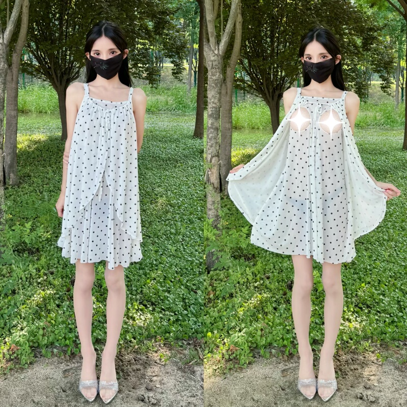 Wife-Like Invisible Slit Curtain-Style Milk Cap White Polka Dot Spaghetti Strap Dress for Summer Outdoor Date