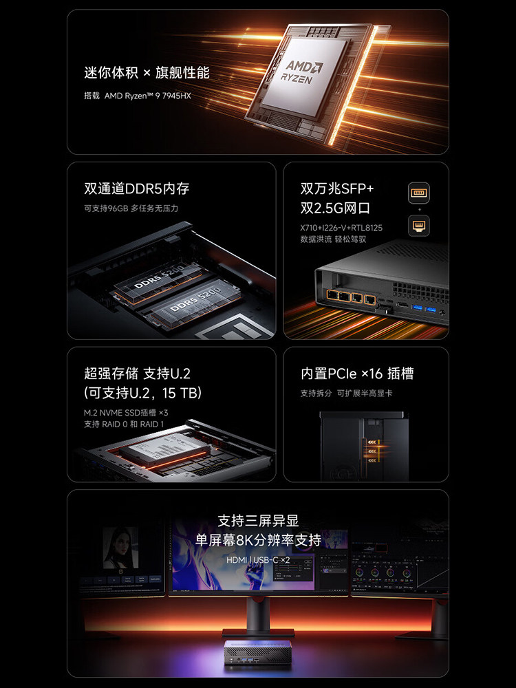 Mingfan Ms-A2 Flagship Ryzen R9-9955Hx/7945Hx High-Performance Dual 10g Four-Network-Port Mini Host Computer Ultra-Quiet Gaming Design Office Desktop Workstation Computer