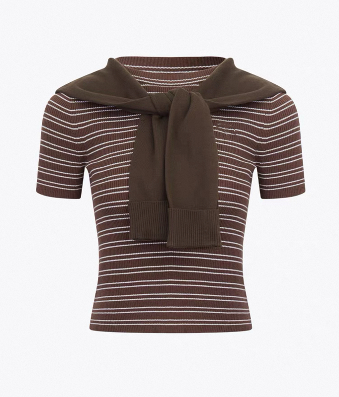 Nanyou High-Quality An25 Autumn New Striped Slim-Fit Short Shawl Two-Piece Set Horizontal Stripe T-Shirt Short Sleeve Top Nanyou High-Quality An25 Autumn New Striped Slim-Fit Short Shawl Two-Piece Set Horizontal Stripe T-Shirt Short Sleeve Top