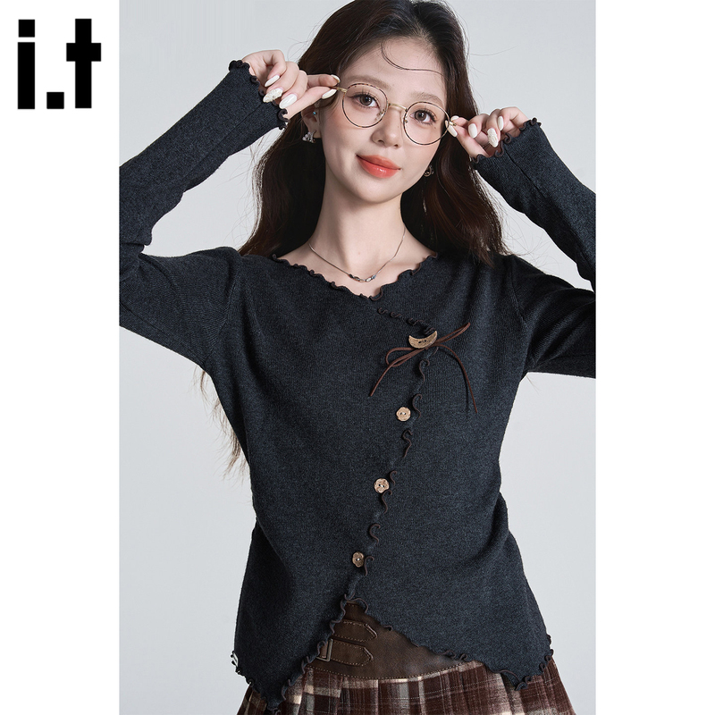It: Chocoolatev Irregular Ruffled Hem Long-Sleeved Knit Top for Women, Unique Autumn Lace-Up Blouse It: Chocoolatev Irregular Ruffled Hem Long-Sleeved Knit Top for Women, Unique Autumn Lace-Up Blouse