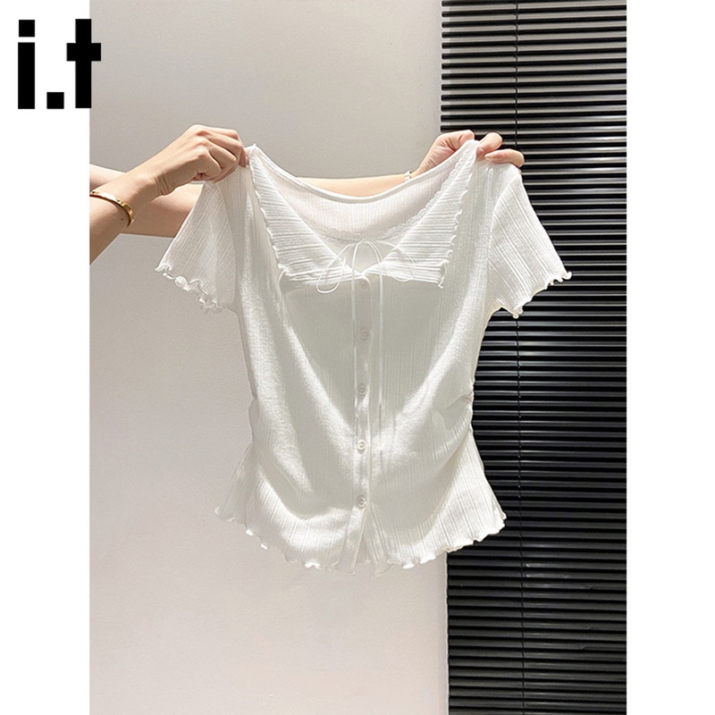 It:Chocoolate Pure Desire Style Lace Trim Short-Sleeve T-Shirt for Women, Summer Thin Versatile Slimming Knit Top It:Chocoolate Pure Desire Style Lace Trim Short-Sleeve T-Shirt for Women, Summer Thin Versatile Slimming Knit Top