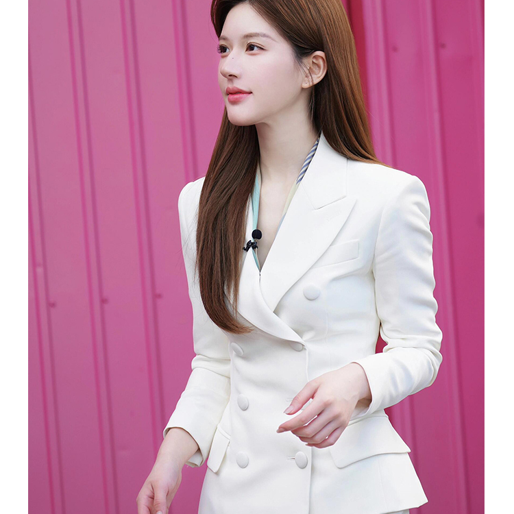 Zhao Lusi's Same Style High-End Double-Breasted White Waist-Cinching Blazer, Elegant and Classy Workplace Commuting Suit