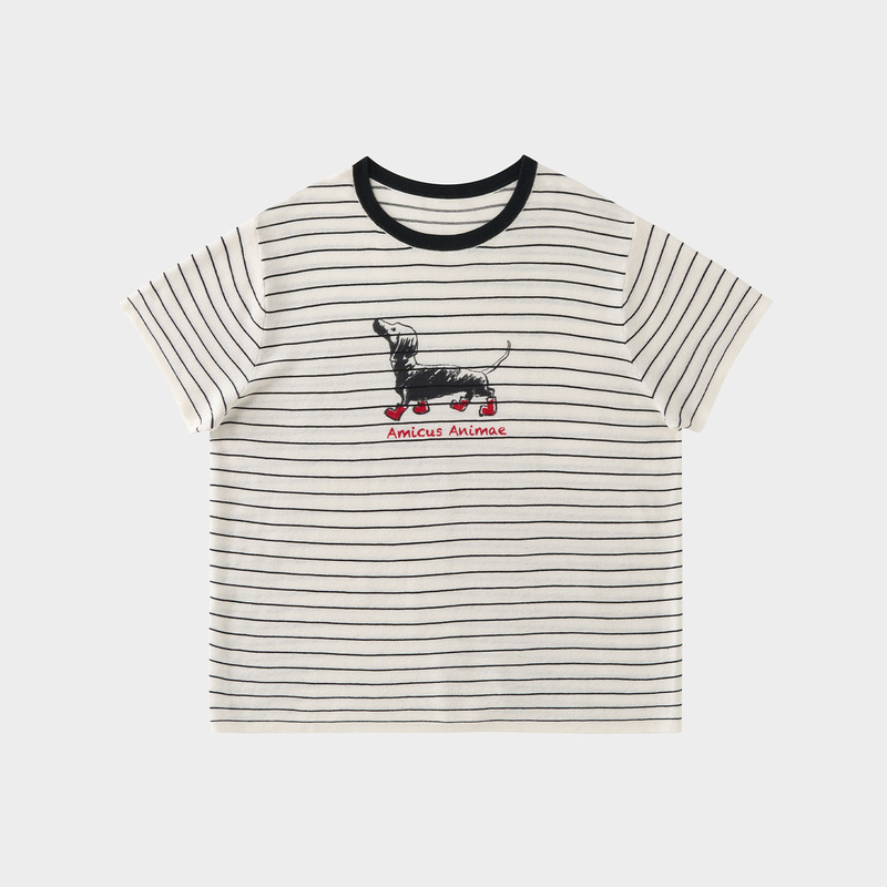 Amicus Animae Color-Blocked Striped "Cute Dachshund" Retro Print High-Twist Fine Knit Short-Sleeve Shirt Amicus Animae Color-Blocked Striped "Cute Dachshund" Retro Print High-Twist Fine Knit Short-Sleeve Shirt