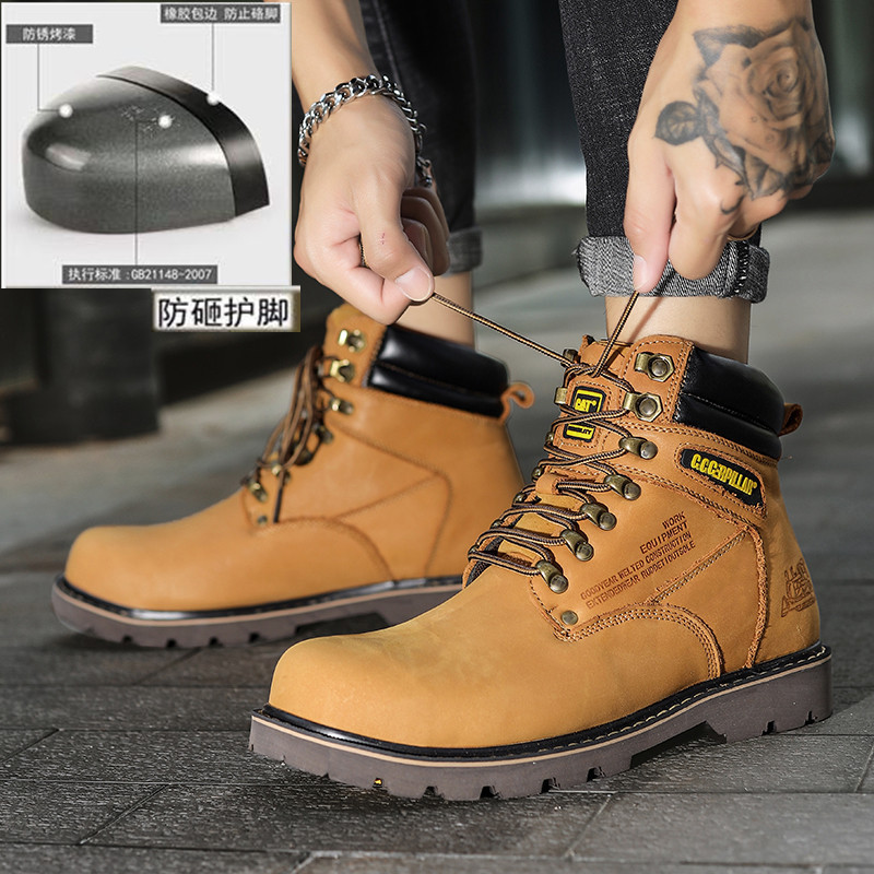 Cat Autumn and Winter Anti-Smash Construction Site Hot-Selling Large Size Work Boots Steel Toe Safety High-Top Labor Protection Men's Shoes