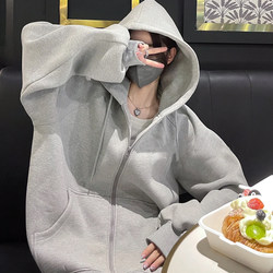 Coat Women's Sweatshirt Spring Autumn Summer Thin Gray 2025 New American Hooded Cardigan Zipper Loose Mid-Length
