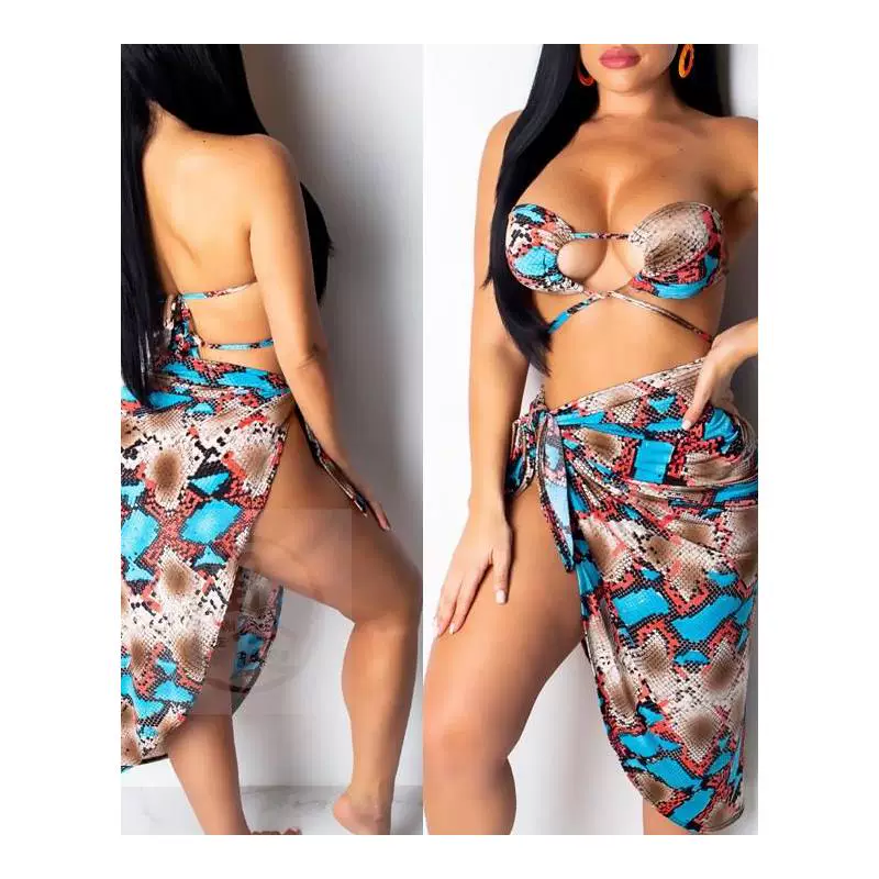 Snake bandage hanging neck bikini sunscreen three piece set