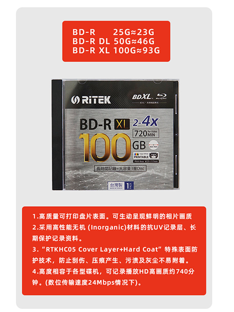 Ritek Blu-Ray Discs 25g 50g 100g 200g Blank Printable Bd-R Dl XL Burning Discs Archive-Grade Burning Discs