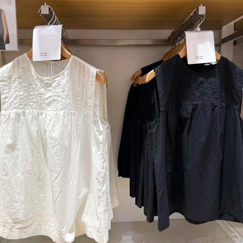 Fitting Room Spring/Summer Collaboration Women's Casual Loose Cotton Pleated Shirt Sleeveless Blouse Top 478591 Fitting Room Spring/Summer Collaboration Women's Casual Loose Cotton Pleated Shirt Sleeveless Blouse Top 478591