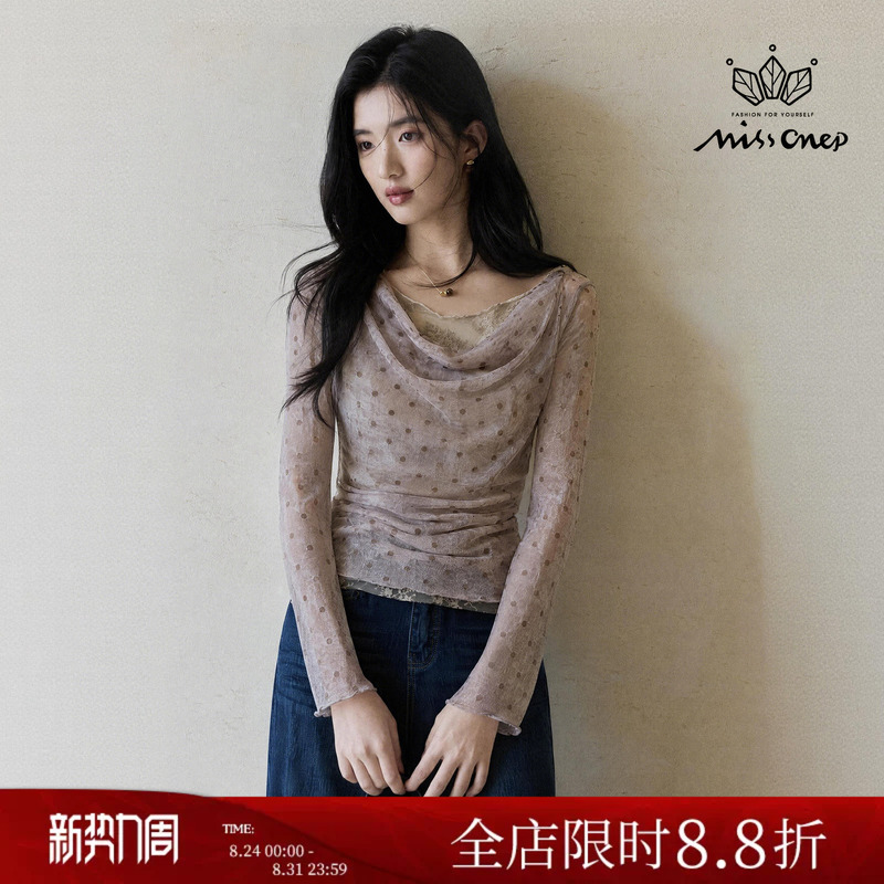 Missonep Cicada【Slow Time】French Polka Dot Ruffled Collar T-Shirt Lace Mesh Long Sleeve Top Autumn New Style Missonep Cicada【Slow Time】French Polka Dot Ruffled Collar T-Shirt Lace Mesh Long Sleeve Top Autumn New Style