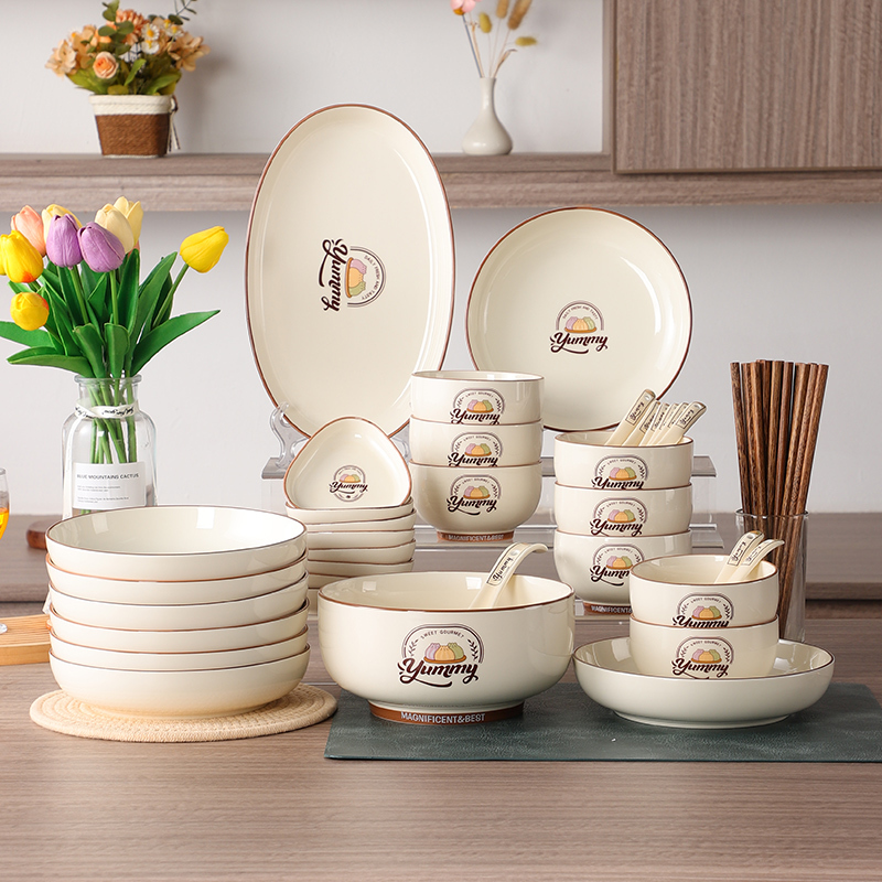 Cream-Style Bowl and Plate Set for Home Use, 2025 New Model, Underglaze Color Bowls, Plates, Chopsticks Set, Housewarming High-End Tableware
